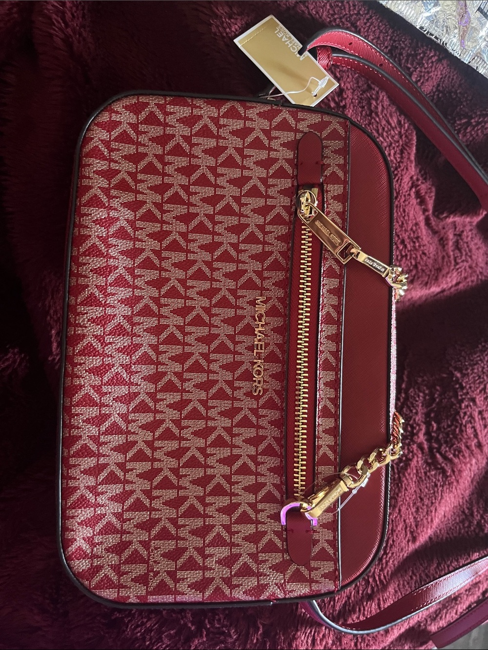 Michael Kors Red and Gold Signature MK Crossbody Bag - Picture 1 of 5